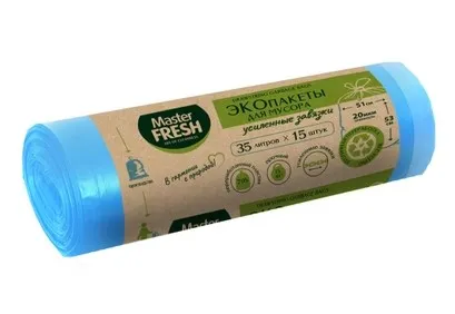 Пакеты д/мусора 35л 15шт Master FRESH ЭКО с завязками голубые